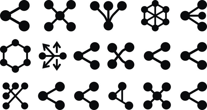 Set of Black Network and Connection Icons with Nodes and Lines, Graph and Data Structure Symbols for Digital Media and Technology Designs