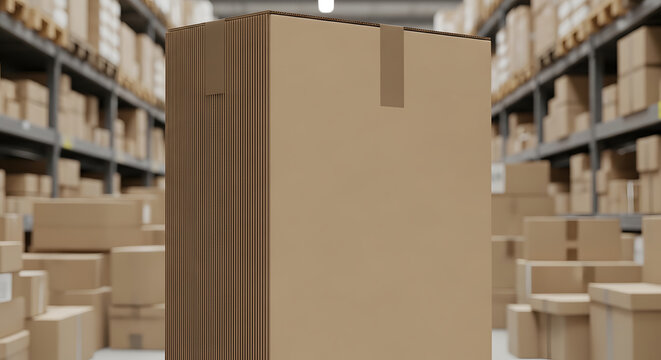 Cardboard boxes stacked high in a warehouse, ready for shipping or storage, showcasing logistics and distribution