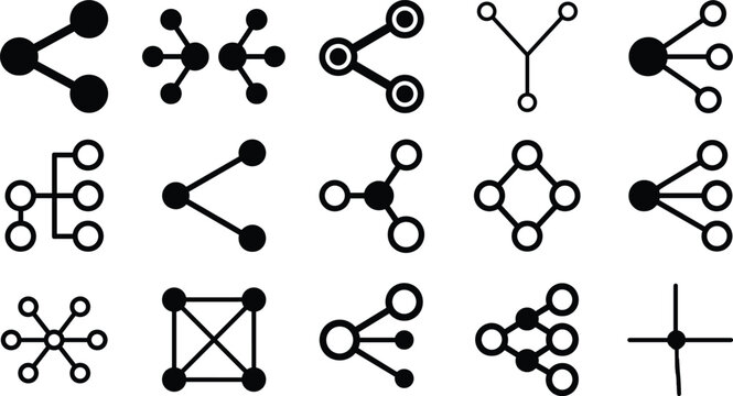 Set of Black Network and Connection Icons with Nodes and Interconnected Lines, Graph, and Data Structure Symbols for Digital Media and Technology Designs
