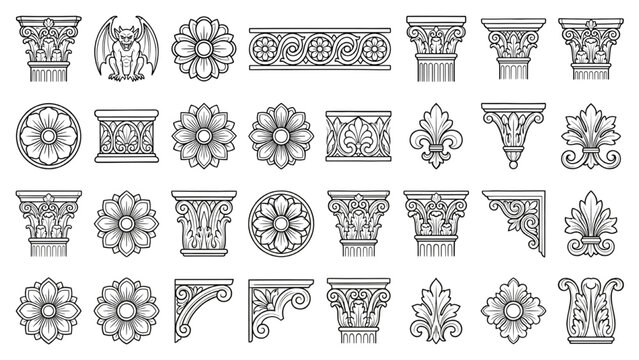 Architectural Ornament Collection: A comprehensive compilation of intricate architectural ornament designs, showcasing a diverse array of classical elements. CAD Blocks Architectural Icon Sheet Vector