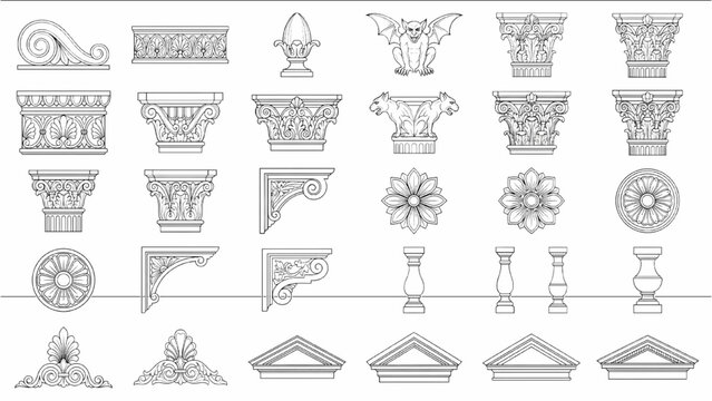 Architectural Ornament Collection: A comprehensive compilation of intricate architectural ornaments and design elements, showcasing a range of styles. CAD Blocks Architectural Icon Sheet Vector