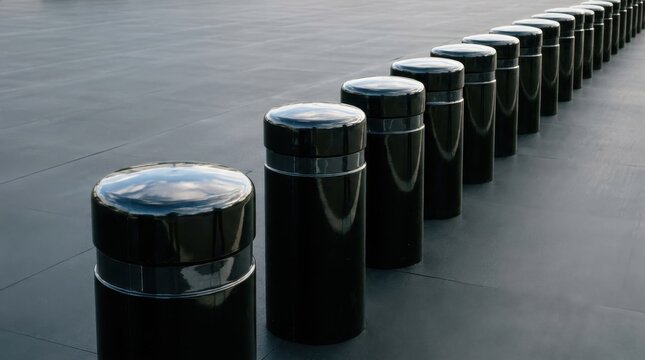 A perfectly aligned row of shiny black cylindrical parking bollards in a clean urban setting, showcasing modern street furniture design.