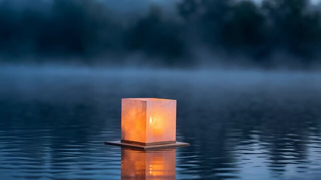 Gloved hand places square lantern on water surface lantern glows softly in cool blue light water reflects warm light peacefully mist rises gently from dark water forest trees fade into foggy distance 