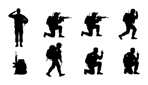 Military Soldier Silhouettes Collection, Armed Forces Action Poses Vector Set, Combat Troops Graphic Elements, Tactical Operations Figures
