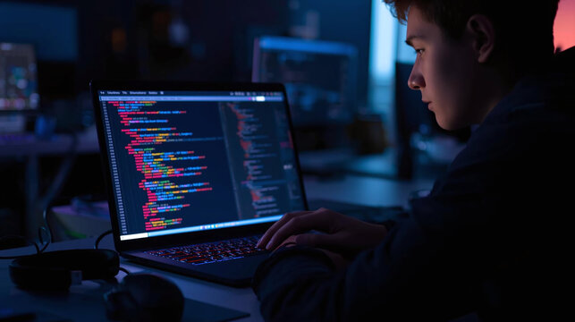Programmer coding on laptop in dark workspace with software development interface on screen