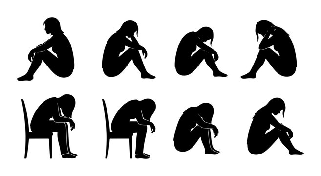Silhouette Figures Depicting Sadness, Loneliness, and Despair, Vector Icons Set for Mental Health and Emotional Support Concepts