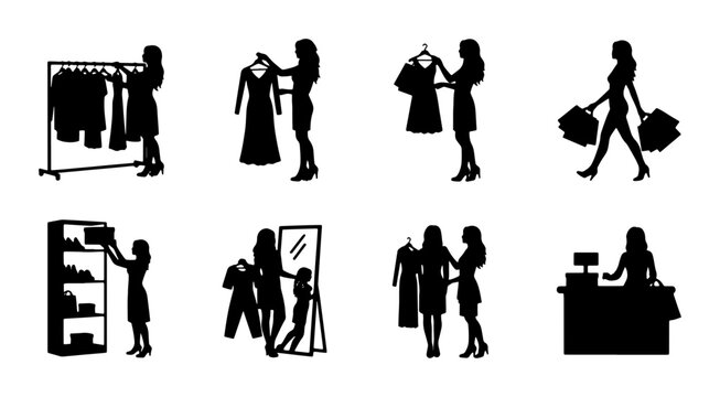Fashion Shopping Silhouettes: Retail, Wardrobe Selection, Fitting Room, Checkout, and Customer Experience Vector Icons