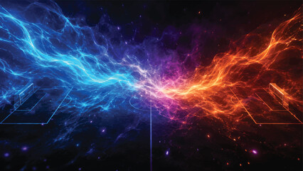 Fototapeta premium Explosive football wave collision background with blue and orange energy particles in dark sports scene