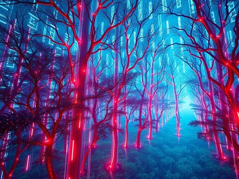 Data streams weave through holographic trees in a digital forest, viewed through a vertiginous Dutch angle,  neon, cyberpunk