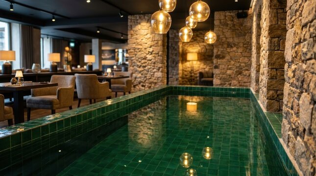 Luxurious indoor pool with deep emerald green tiled edges and ambient lighting reflections