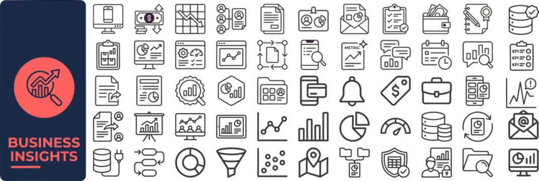 Business Insight and Analytics outline icon set. Featuring chart, graph, data report, KPI, and growth symbols. Editable stroke icons for corporate strategy and performance dashboard.