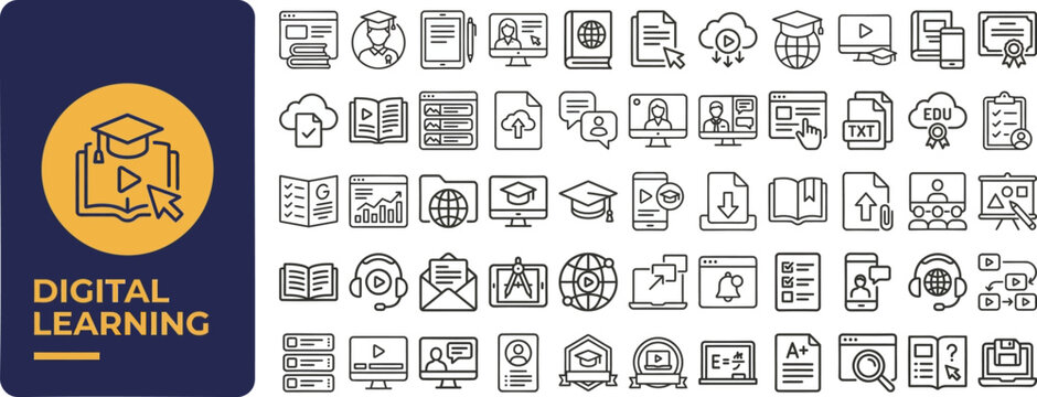Digital Learning and E-learning outline icon set. Featuring online course, laptop, cloud, webinar, and certificate symbols. Editable stroke icons for education platform and remote study.