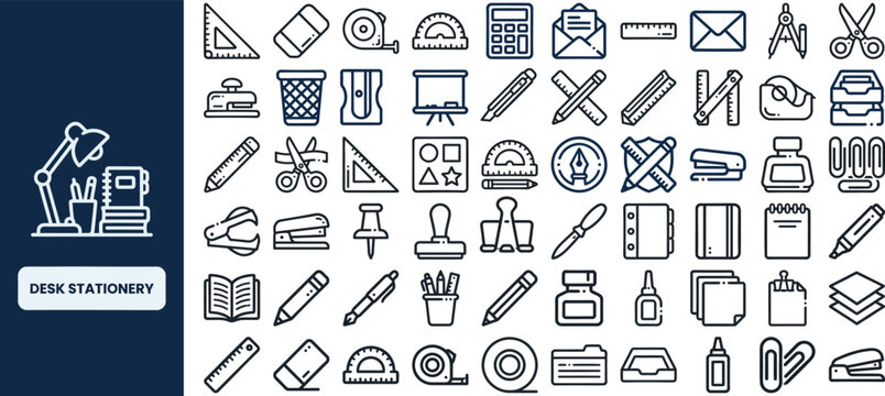 Desk Stationery and Office Supply outline icon set. Featuring pen, paper, scissors, clip, and notebook symbols. Editable stroke icons for office shop and school supply design.