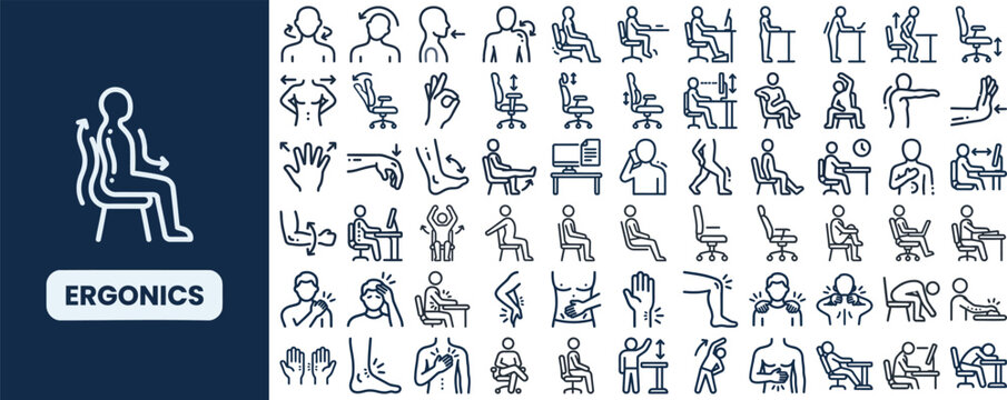 Ergonomic Posture and Office Health outline icon set. Featuring chair, desk, sitting, back, and stretch symbols. Editable stroke icons for workplace wellness and HR training.
