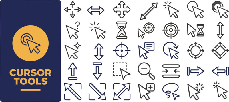 Cursor Pointer and Mouse Tool outline icon set. Featuring arrow, click, hand, selection, and zoom symbols. Editable stroke icons for UI design and interactive prototype.