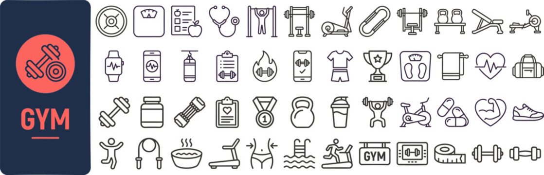 Gym Fitness and Workout Equipment outline icon set. Featuring dumbbell, barbell, treadmill, exercise, and training symbols. Editable stroke icons for fitness club and gym app.