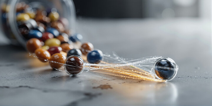 Minimalist composition featuring radiant fiber wires and levitating marbles beneath shining light