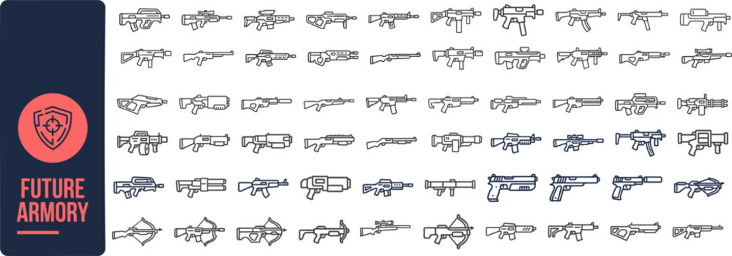 Future Armory and Sci-Fi Weapon outline icon set. Featuring gun, laser, blaster, rifle, and pistol symbols. Editable stroke icons for game asset and military design.