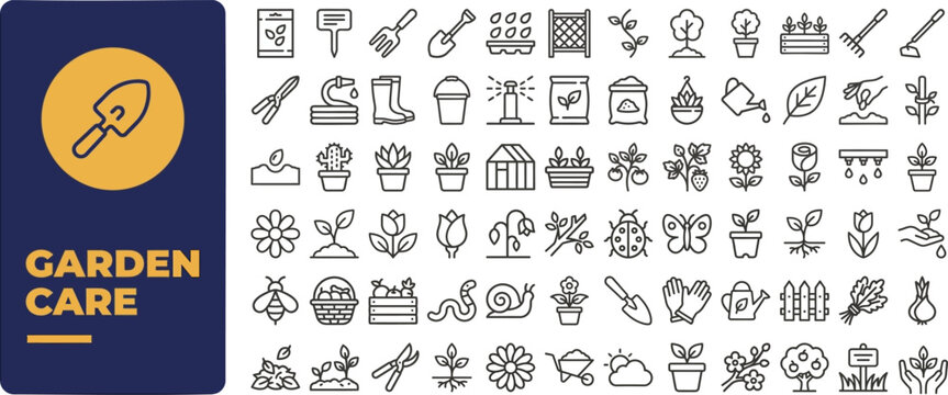 Garden Care and Plant Tool outline icon set. Featuring shovel, seed, flower, watering can, and gardener symbols. Editable stroke icons for landscape and gardening hobby design.