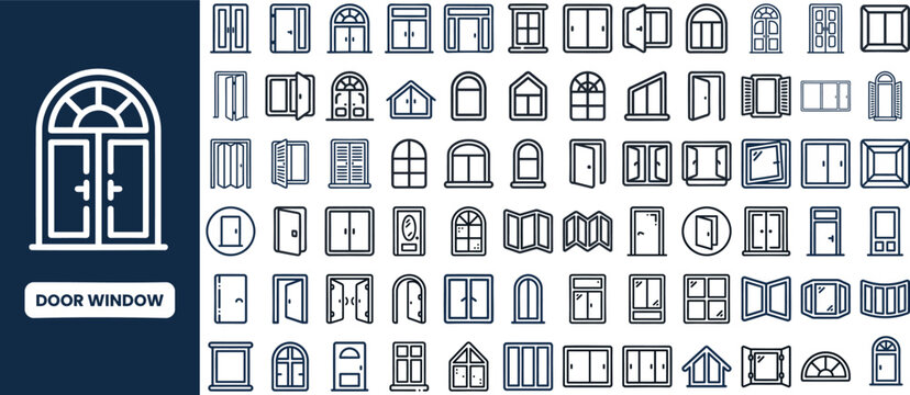 Door Window and Architecture Frame outline icon set. Featuring entrance, glass panel, wood, gate, and shutter symbols. Editable stroke icons for interior design and home plan.