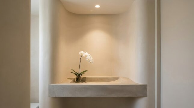 Elegant minimalist integrated concrete basin with white orchid in a modern recessed niche