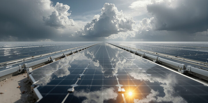 Extensive solar power setup merging modern infrastructure with serene industrial environment