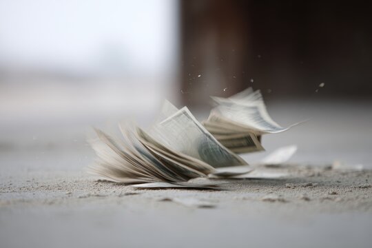 stack of useless paper money blowing in the wind in abandoned street, hyperinflation concept