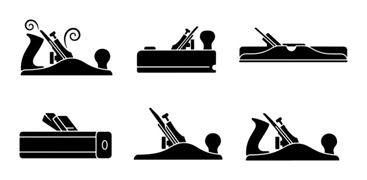 Woodworking Hand Planes, Set of 6 Vector Icons: Carpentry Tools for Wood Shaping, Planing, and Crafting Projects