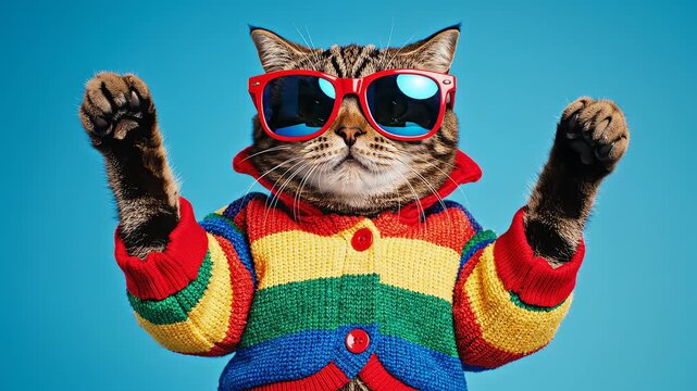 Cat wearing colorful sweater and sunglasses for cinematic landscapes and wilderness exploration