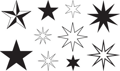 Obraz premium Black geometric stars in various shapes collection on transparent surface.