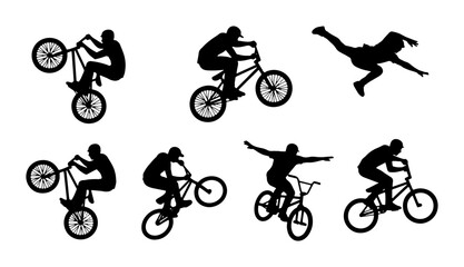 Fototapeta premium BMX Bicycle Rider Silhouettes, Extreme Sports Action, Freestyle Cycling Tricks, Dynamic Vector Illustrations for Sports Graphics and Lifestyle Designs
