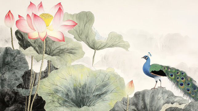 Chinese ink wash lotus flowers leaves blue bird on petal top left white paper high res colors green pink purple yellow red orange sky blue dark gray light black gentle simple distant view small peacoc