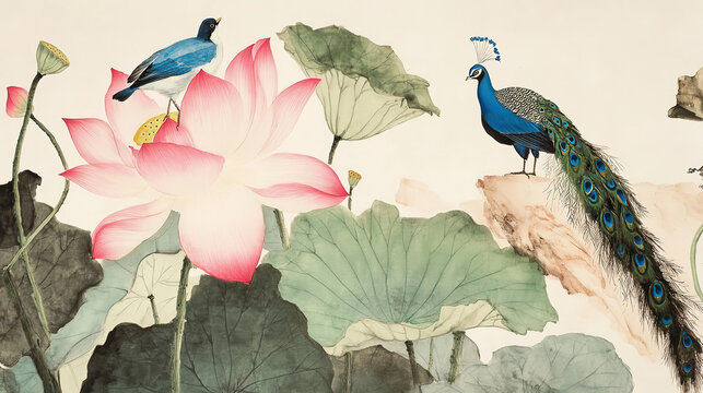 Chinese painting lotus and leaves blue bird perched upper left white ground traditional ink wash extremely high resolution varied colors green pink purple yellow red orange sky blue dark gray light bl