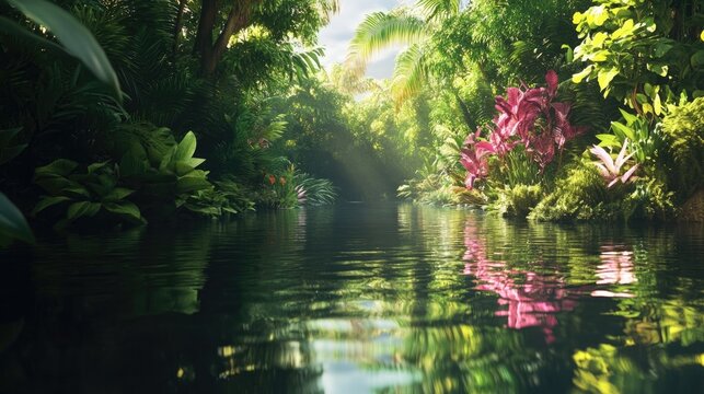 A serene waterway in a dense tropical forest, with vibrant greenery and reflections on the still water