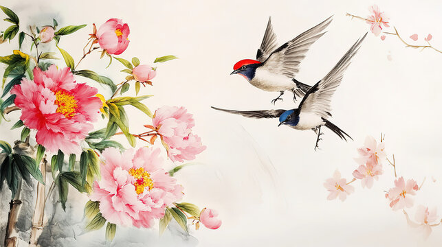 Chinese ink two swallows flying bamboo fence pink peonies light gray ground colorful flowers high def delicate strokes high res clear details traditional art fine texture fluttering tails