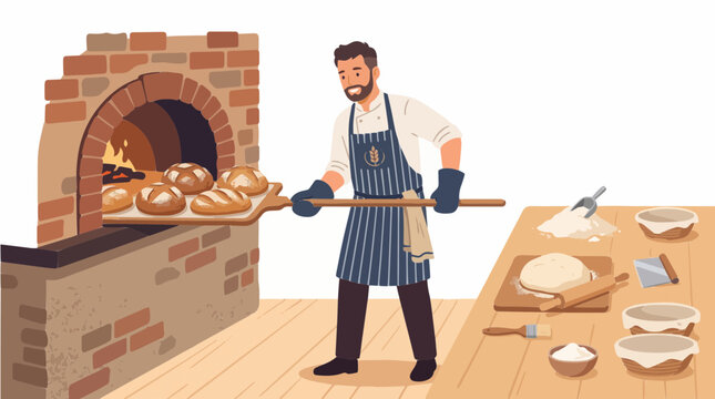 Baker pulling fresh bread loaves from oven with flour and dough tools nearby on a white background