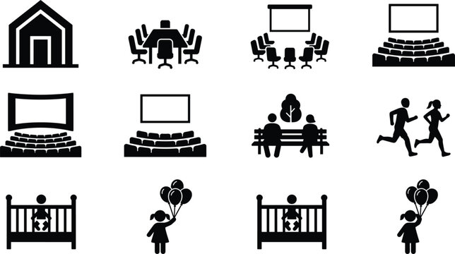 Public venue and lifestyle silhouette icon collection featuring auditorium conference parenting entertainment and recreational activities
