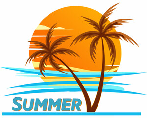 Obraz premium Palm trees and sun silhouette against orange gradient background