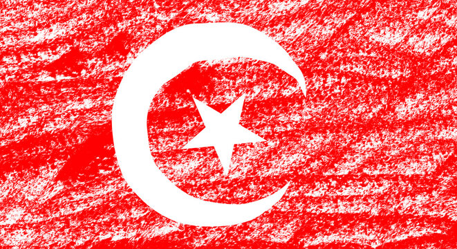 Hand drawn national flag of Turkey with rough red crayon texture. Turkish crescent and star symbol sketched in a playful childish colored pencil style. Transparent PNG cutout object.