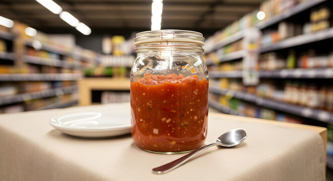 A jar of fresh, homemade-style red salsa, with a spoon and plate, ready to be enjoyed, captured with a soft focus on a table in a modern grocery store aisle