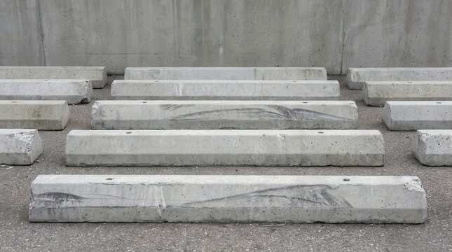 Rows of gray concrete parking bay dividers with tire marks against a textured wall