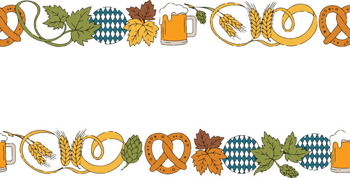 Bavarian festival border with beer mugs pretzels and autumn leafage.