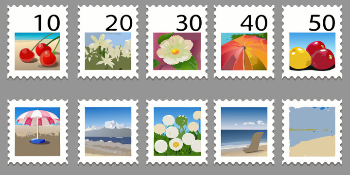illustrated postage stamps with summer themes and numerical values