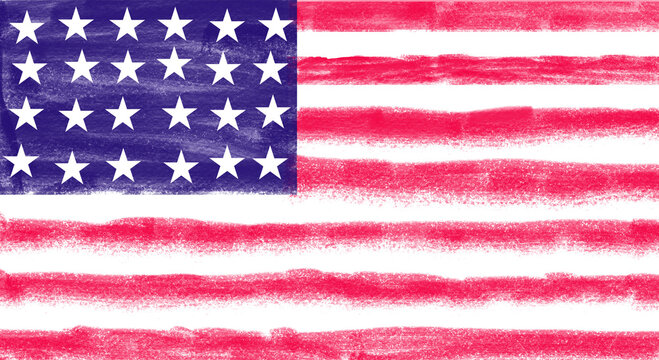 United States of America flag drawn with rough crayon strokes. Patriotic USA American stars and stripes in a child sketch colored pencil style. Transparent PNG cutout element.