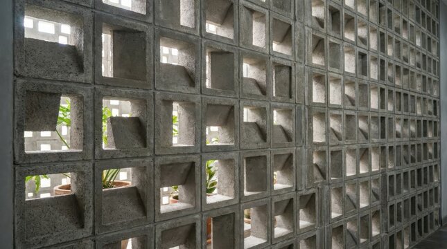 Perforated concrete blocks form a ventilation wall pattern with light and shadow interplay