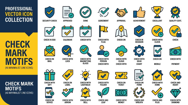 Comprehensive collection of 40 professional minimalist line icons featuring check mark motifs for business approval, success, verification, and task completion in flat vector style.
