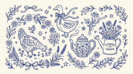 Vintage Hand-Drawn Blue Line Art Collection of Farm Animals Goose and Hen with Rustic Garden Elements Teapot Flowers and Botanical Wreaths in Folk Style Illustration Set on Textured Background. © Ayong