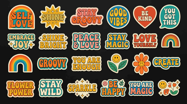 Collection of retro 70s style stickers with positive affirmations and groovy designs on a black background featuring rainbows, smiley faces, and flowers for mental health and motivation.