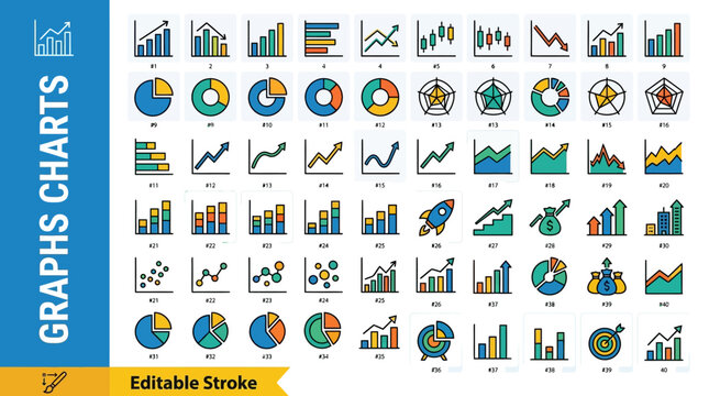 Comprehensive set of flat line business graph and chart icons featuring bar, pie, line, and radar charts for financial data analysis, infographic design, and commercial reporting vector elements.