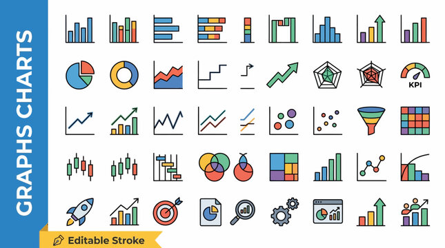 Professional collection of data visualization icons including bar, line, pie, and radar charts, scatter plots, and financial graphics for business analytics reports and UI design projects.